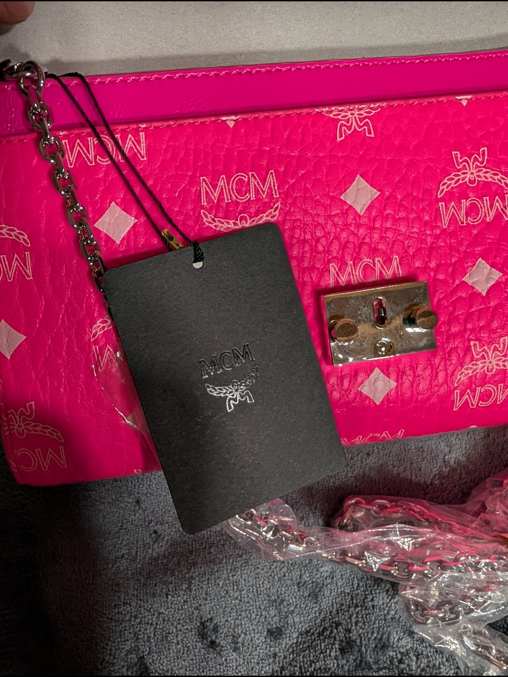 MCM Pink Logo Leather Clutch, Millie Sm Crossbody In Neon Pink & Silver Hardware - Picture 9 of 12
